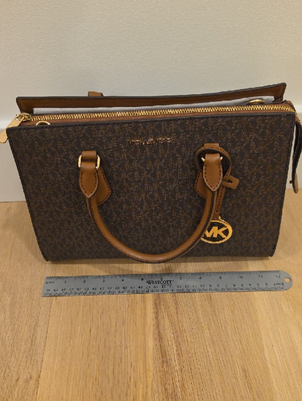 Michael Kors Brown Logo Satchel with Tan Trim and Gold Hardware - Picture 2 of 8